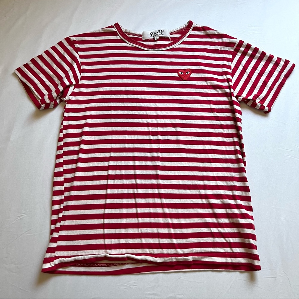 Comme Des Garçons Play red white striped heart patch short sleeve knit T-shirt